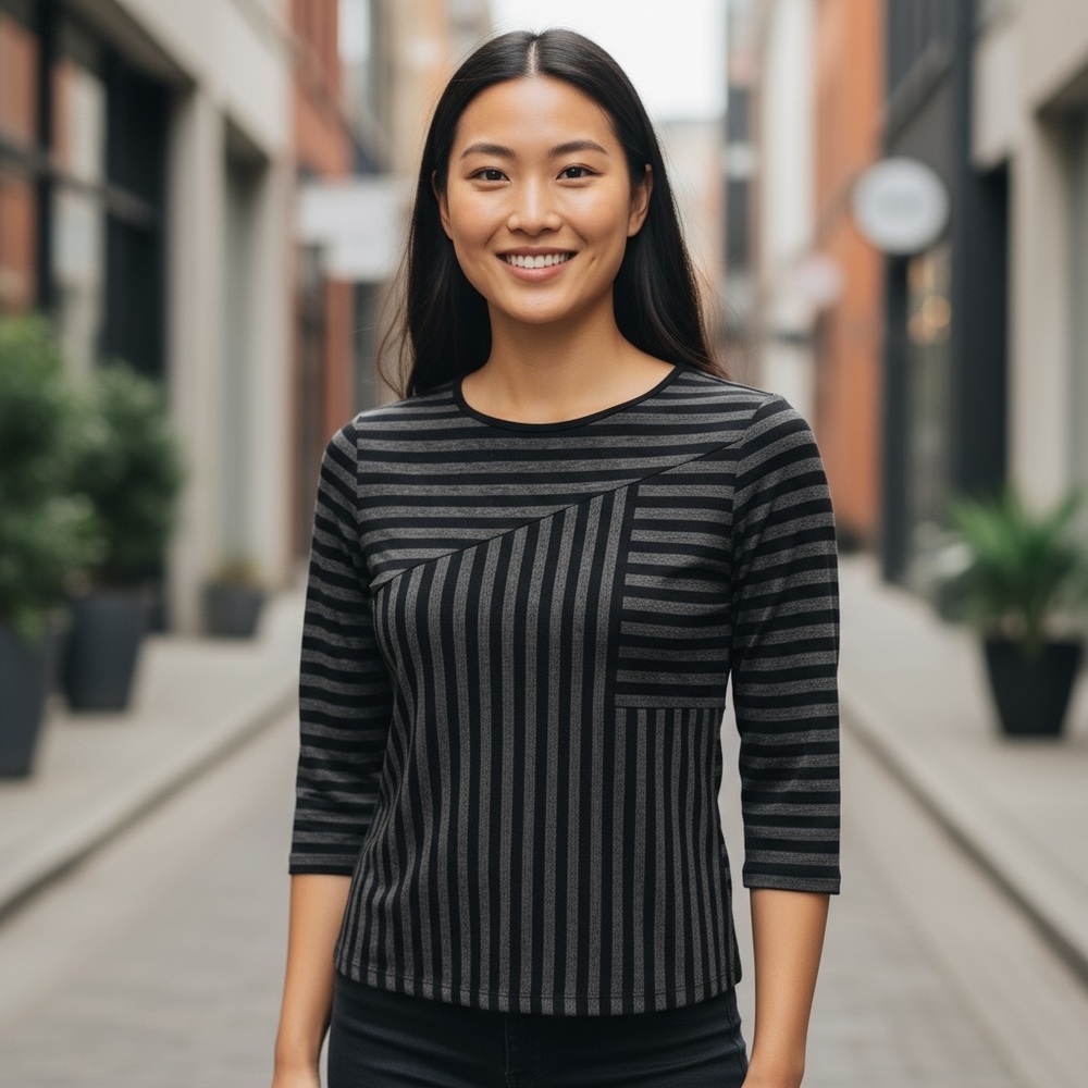 Vince Camuto Black and Gray Striped Blouse